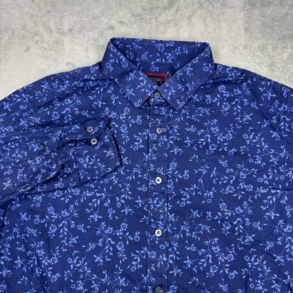 UNTUCKit Mens Navy Blue Floral Long Sleeve Button Up Shirt Preppy Office Large